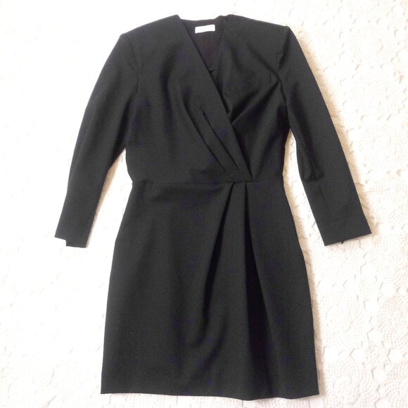 Sandro Pencil Dress Navy Blue Stretch Wool 3/4 Sleeve V Neck Pleat 36 Women S US - Picture 1 of 10